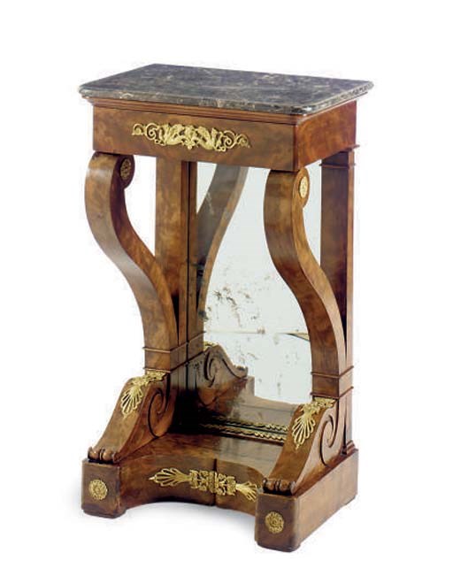 A PAIR OF LOUIS PHILIPPE MARBLE TOP MAHOGANY CONSOLE TABLES,