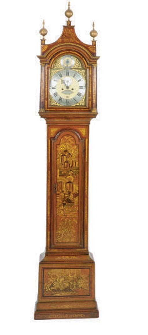 AN ENGLISH RED JAPPANED TALL-CASE CLOCK,