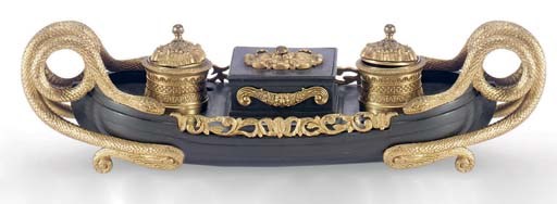 A NORTH EUROPEAN GILT AND PATINATED BRONZE BOAT-FROM INK STAND,