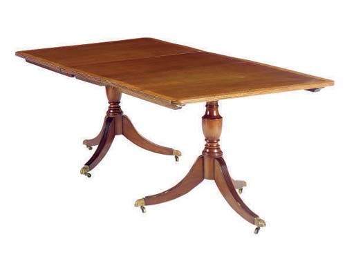 AN ENGLISH SATINWOOD CROSSBANDED MAHOGANY TWIN-PEDESTAL DINING TABLE,