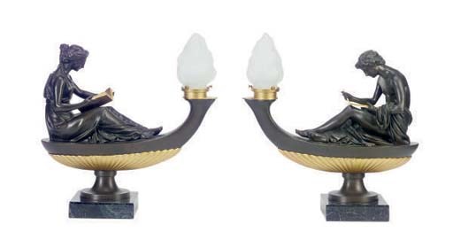A PAIR OF PARCEL-GILT AND PATINATED BRONZE TABLE LIGHTS,