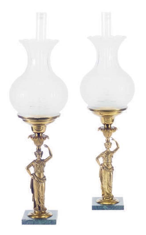 A PAIR OF GILT-BRONZE FIGURAL OIL LAMPS,