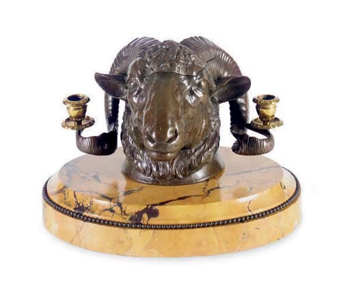 A NORTH EUROPEAN BRONZE AND SIENA MARBLE INKWELL,