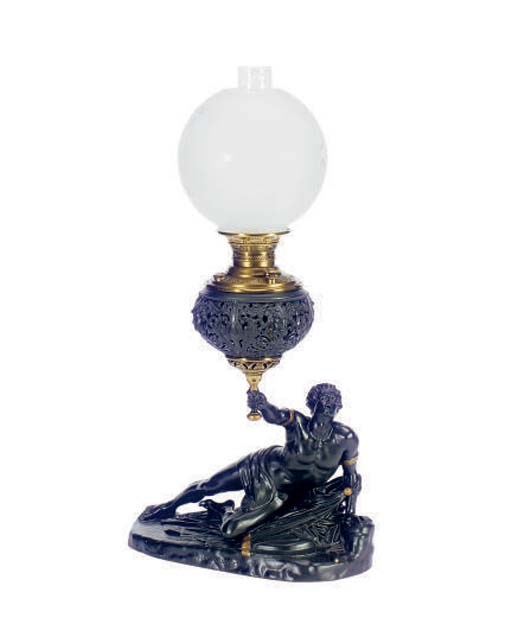A VICTORIAN PAINTED CAST IRON AND GILT-METAL OIL LAMP,