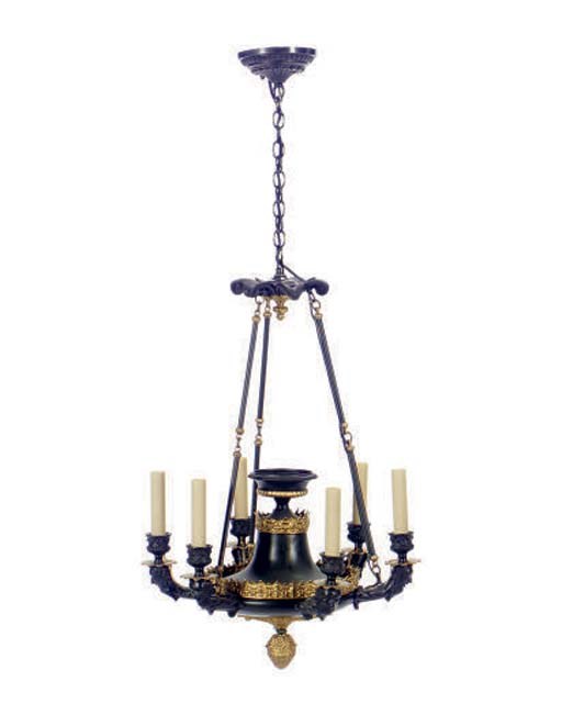 A FRENCH GILT AND PATINATED METAL SIX-LIGHT CHANDELIER,