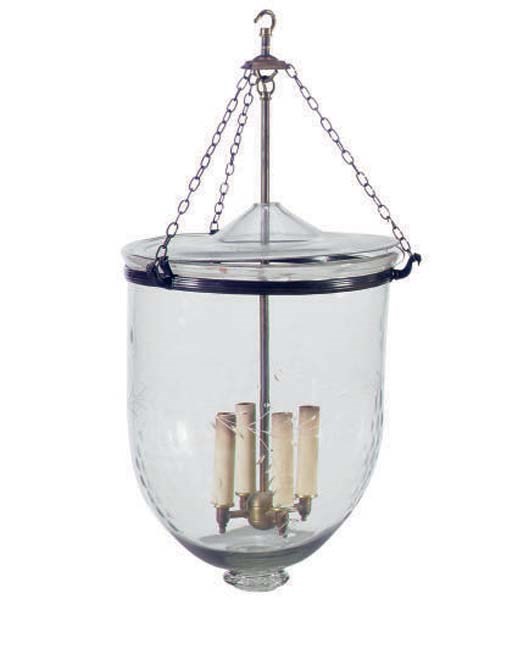 A MATCHED PAIR OF ETCHED GLASS AND BRASS HALL LANTERNS,