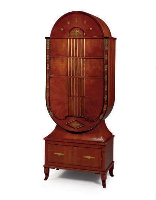 A BIEDERMEIER EBONIZED MOTHER-OF-PEARL AND BRASS-MOUNTED FRUITWOOD SECRETAIRE A ABBATANT,