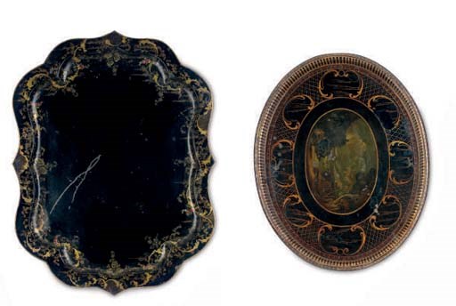 TWO NORTH EUROPEAN BLACK, GILT AND POLYCHROME-PAINTED TOLE TRAYS