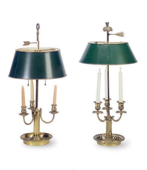 TWO BRONZE BOUILLOTTE LAMPS WITH TOLE PEINTE SHADES,