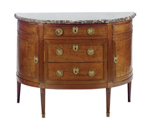A LOUIS XVI MAHOGANY DEMILUNE MARBLE TOP COMMODE,