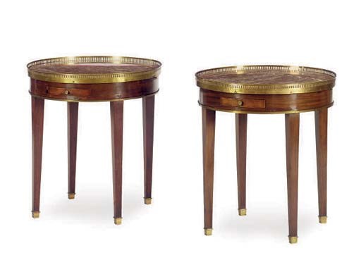 A NEAR PAIR OF FRENCH MAHOGANY AND MARBLE TOP BOUILLOTTE TABLES,