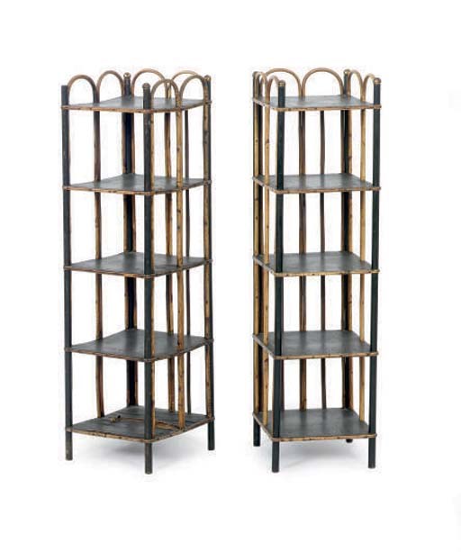 A PAIR OF LATE VICTORIAN EBONIZED AND BAMBOO WHATNOTS,