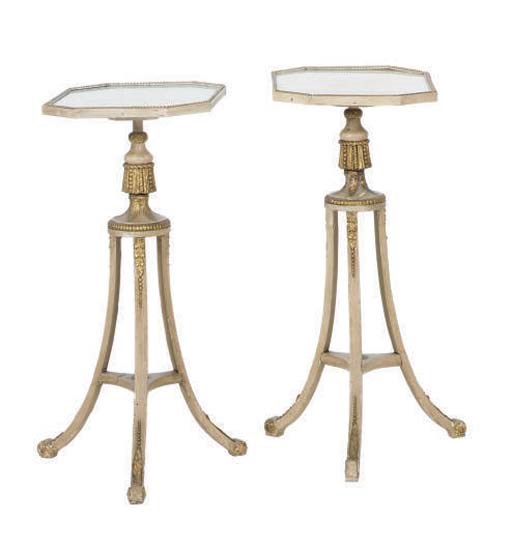 A PAIR OF ENGLISH CREAM AND POLYCHROME DECORATED SIDE TABLES,