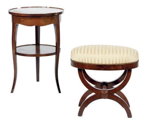 A FRENCH MAHOGANY STOOL TOGETHER WITH A MAHOGANY SIDE TABLE,