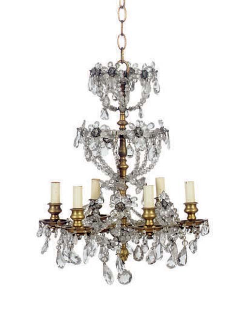 A GILT BRONZE AND CUT GLASS SIX-LIGHT CHANDELIER,