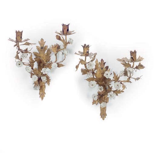 A PAIR OF GILT-METAL AND PORCELAIN TWO-LIGHT SCONCES,