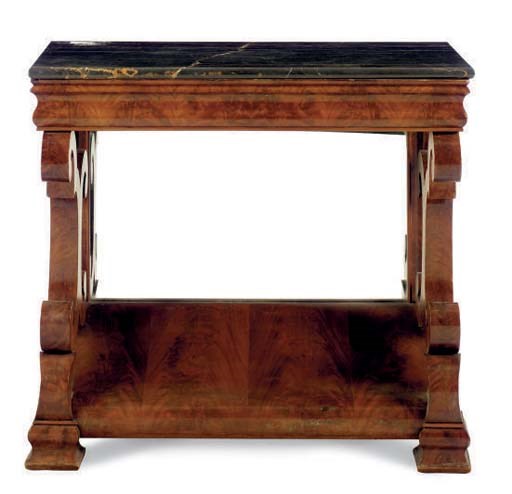 AN EMPIRE MAHOGANY MIRRORED BACK MARBLE TOP CONSOLE TABLE,