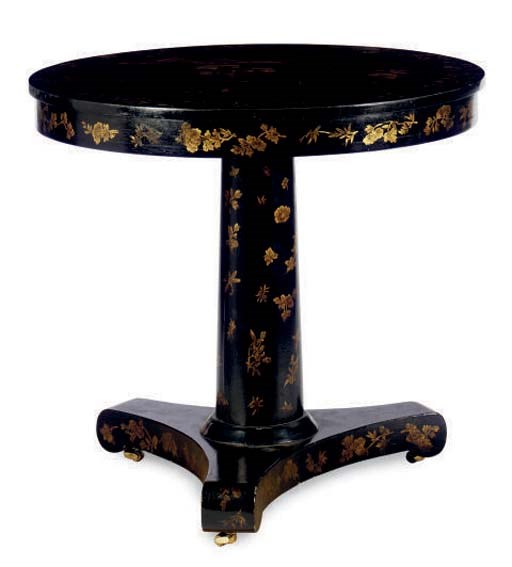 AN ENGLISH PARCEL-GILT AND BLACK LACQERED CHINOISIERE DECORATED CIRCULAR CENTER TABLE,