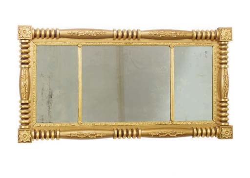 AN AMERICAN CLASSICAL GILTWOOD TRIPLE PLATE OVERMANTEL MIRROR,