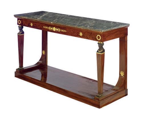 AN EMPIRE GILT-METAL MOUNTED MAHOGANY MARBLE TOP CONSOLE TABLE,