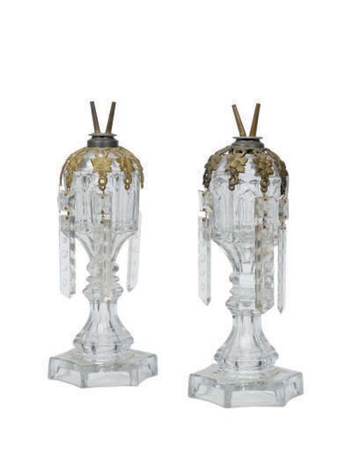 A PAIR OF MOLDED GLASS OIL LAMPS,