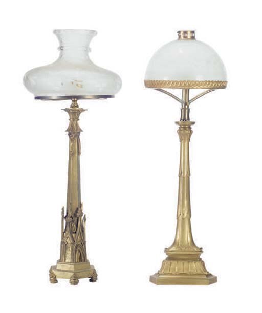 TWO GILT-BRONZE FLUID LAMPS WITH FROSTED GLASS SHADES,