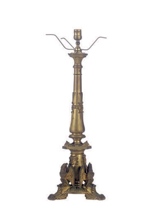 A GILT-BRONZE FLUID LAMP WITH GLASS SHADE,