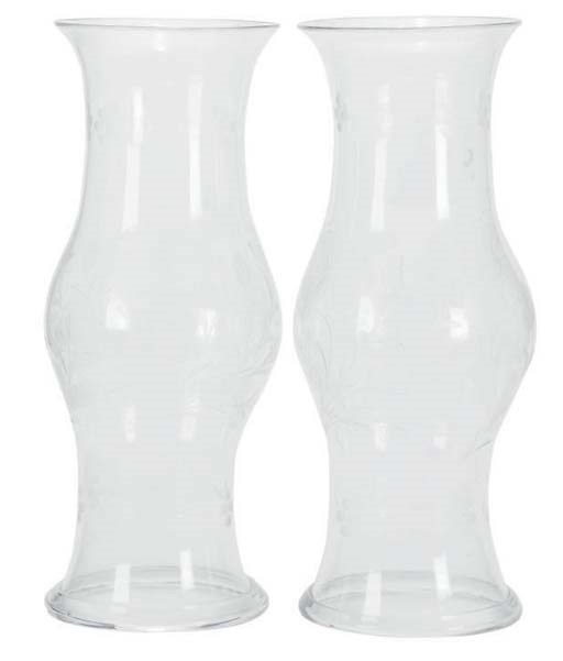 A PAIR OF LARGE ETCHED AND CUT-GLASS HURRICANE SHADES,