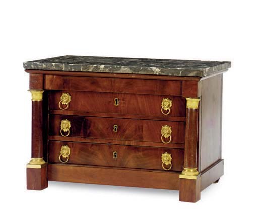 AN EMPIRE MAHOGANY AND GILT-BRONZE MOUNTED MARBLE TOP MINIATURE COMMODE,