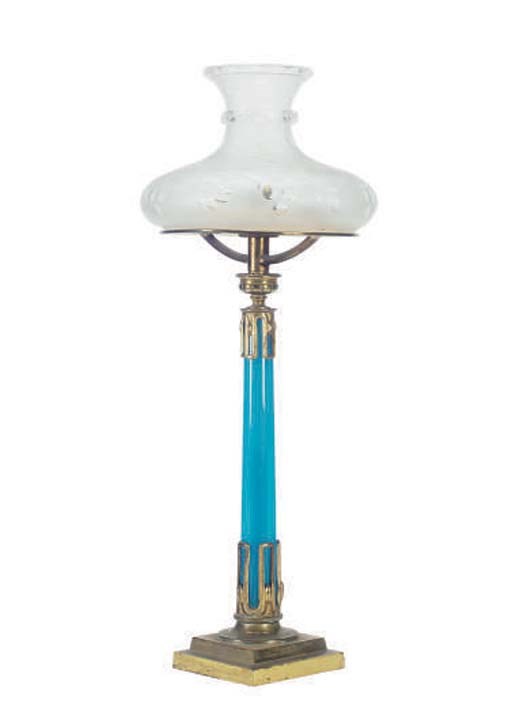 A PAIR OF GILT-METAL MOUNTED BLUE GLASS SINUMBRA LAMPS,