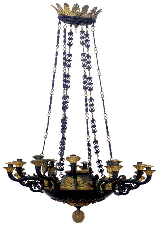 AN EMPIRE PATINATED AND GILT-BRONZE CHANDELIER,