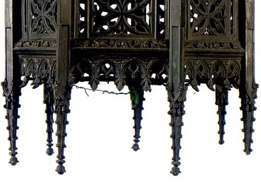 AN AMERICAN GOTHIC REVIVAL PATINATED BRONZE HANGING LANTERN,