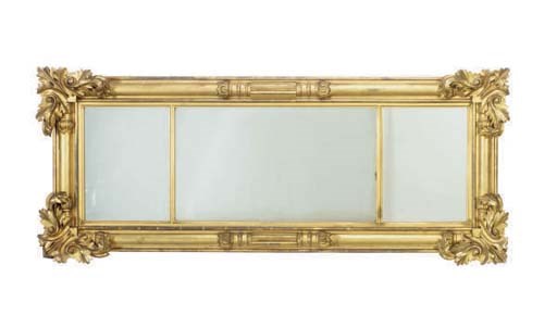 AN AMERICAN CLASSICAL GILTWOOD TRIPLE PLATE OVERMANTEL MIRROR,