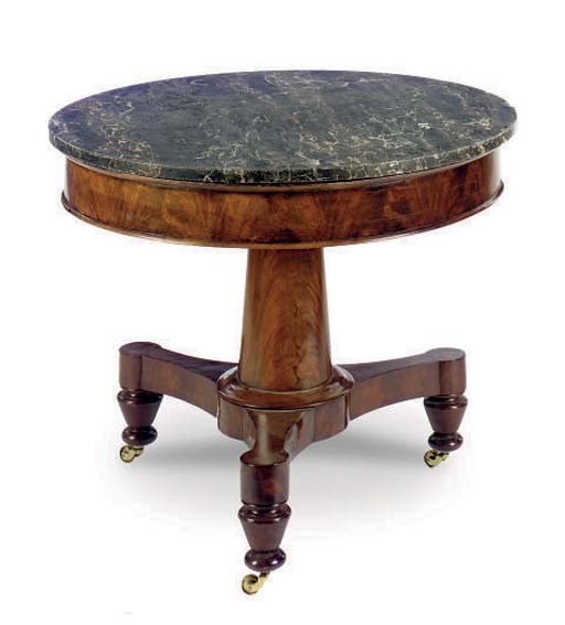 A CLASSICAL MAHOGANY AND MARBLE-TOP CENTER TABLE,