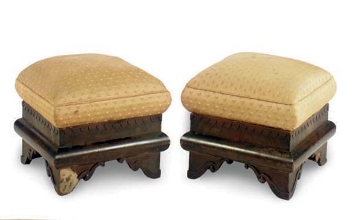 A PAIR OF MAHOGANY FOOT STOOLS,