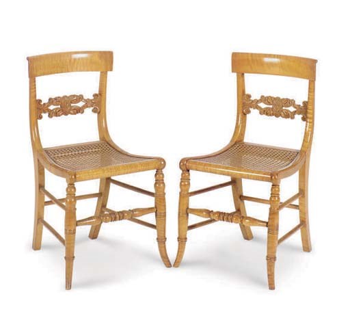 A SET OF SIX AMERICAN CLASSICAL MAPLE CHAIRS WITH CANED SEATS,