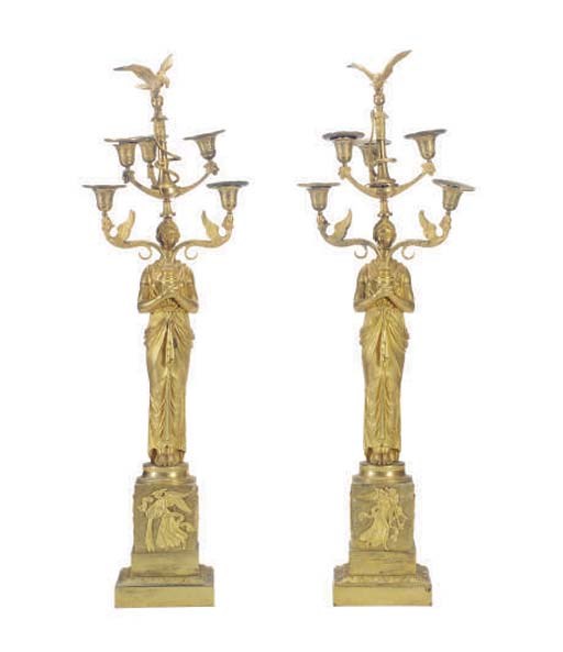 A PAIR OF EMPIRE GILT-BRONZE FIGURAL FIVE-LIGHT CANDELABRA,