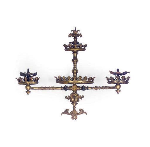 AN AMERICAN GOTHIC REVIVAL GILT-BRONZE TWO LIGHT WALL GASOLIER,