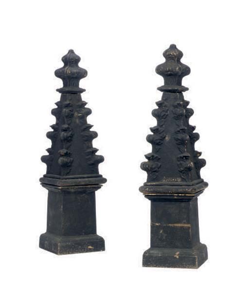 A PAIR OF CAST-IRON FINIAL FORM ORNAMENTS,