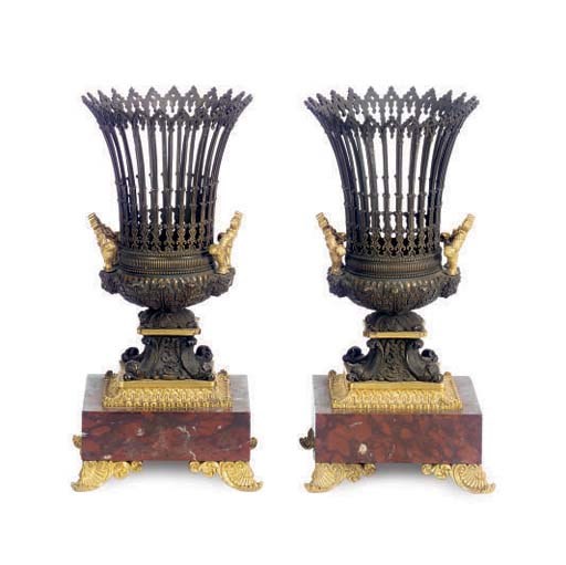 A PAIR OF LOUIS PHILIPPE PATINATED GILT-BRONZE AND MARBLE MOUNTED VASES,