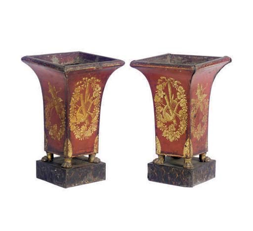 A PAIR OF SCARLET TOLE PIENT SPILL VASES,