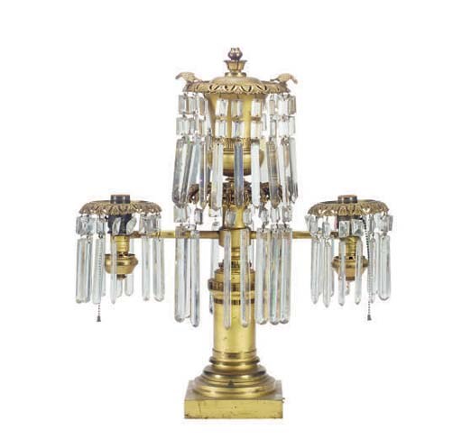 A GILT-BRONZE AND CUT GLASS DOUBLE LIGHT FLUID LAMP,