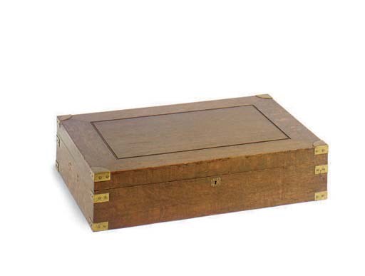 A BRASS BOUND OAK CUTLERY BOX,