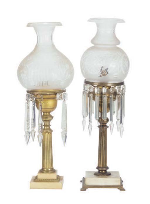 TWO GILT-METAL AND CUT GLASS FLUID LAMPS,