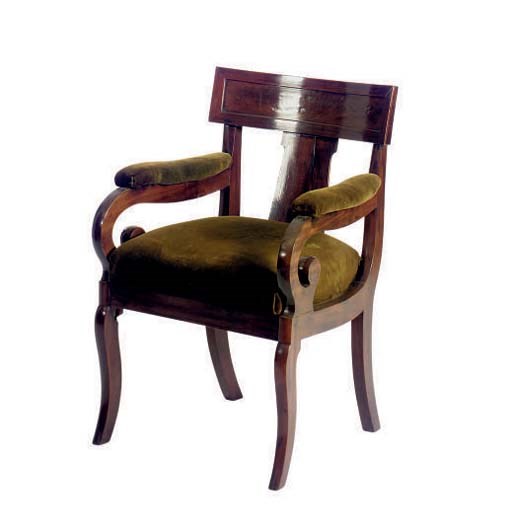 AN AMERICAN CLASSICAL GREEN VELVET UPHOLSTERED MAHOGANY ARMCHAIR,
