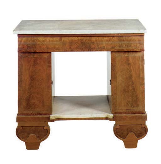 AN AMERICAN FIGURED MAHOGANY MARBLE-TOP WASHSTAND,