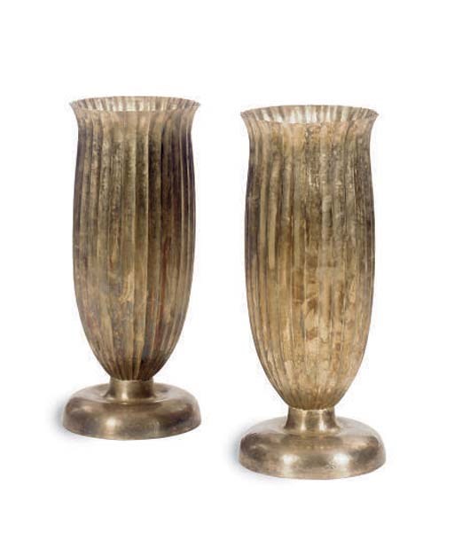 A PAIR OF TALL METAL VASES,