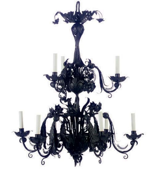 A WROUGHT-IRON NINE LIGHT CHANDELIER,