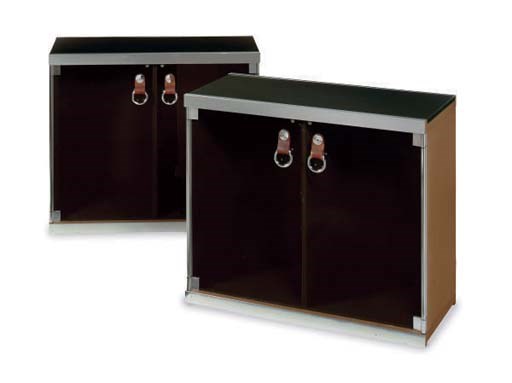 A PAIR OF CHROMED-METAL, GLASS, AND FABRIC CABINETS,