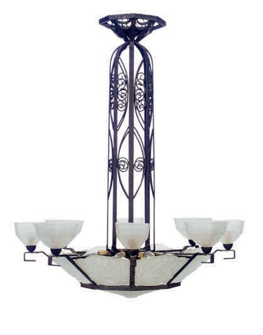 A FRENCH PATINATED IRON AND FROSTED GLASS EIGHT-LIGHT CHANDLIER,